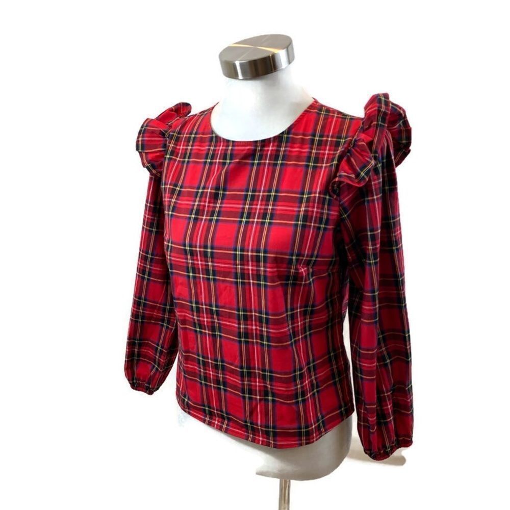 Harper Heritage Brand Red Plaid Ruffle Shoulder Long Sleeved Blouse Size Small